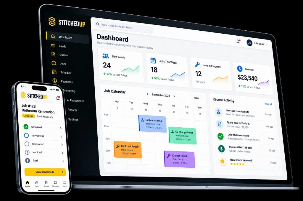 StitchedUp dashboard on laptop and mobile