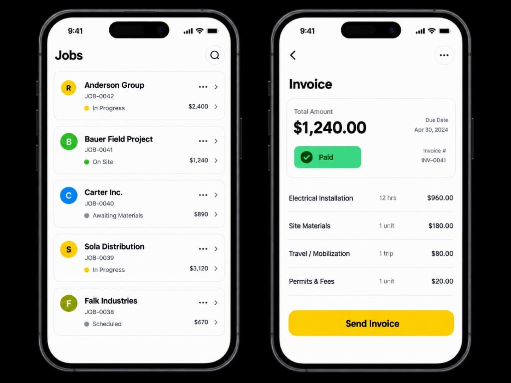 StitchedUp mobile app showing jobs and invoices