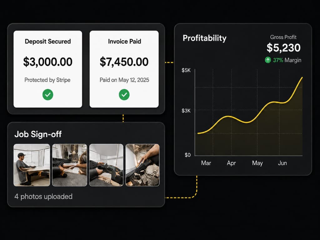 Deposit secured, invoice paid, job sign-off photos, and profitability chart