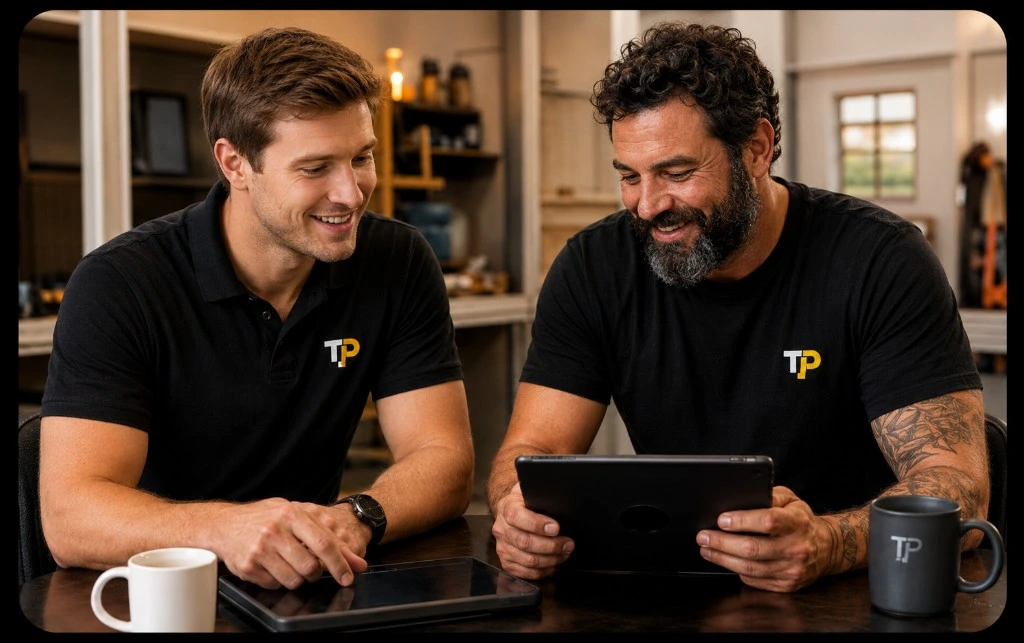 Tradespeople reviewing social posts on a tablet
